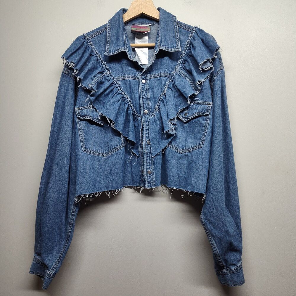 Urban Renewal Recycled Cropped Frilly Chambray Shirt Women L Blue Y2K Cowgirl